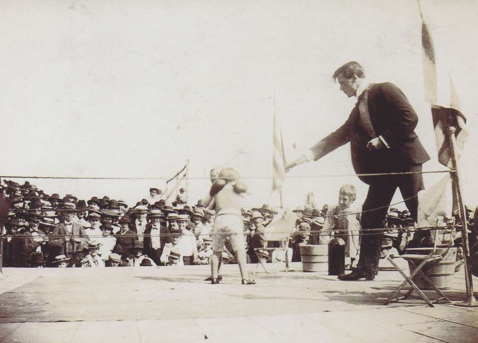 Fairs and Festivals, Entertainment, Children, Anamosa, IA, Hatcher, Cecilia, boater hat, history of Iowa, Iowa, Iowa History, boxing, flag, boxing ring