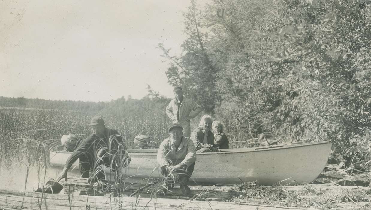 McMurray, Doug, canoe, scarf, hat, Cass County, MN, Outdoor Recreation, Iowa History, Travel, Portraits - Group, Lakes, Rivers, and Streams, Iowa, grass, history of Iowa, lake, Children