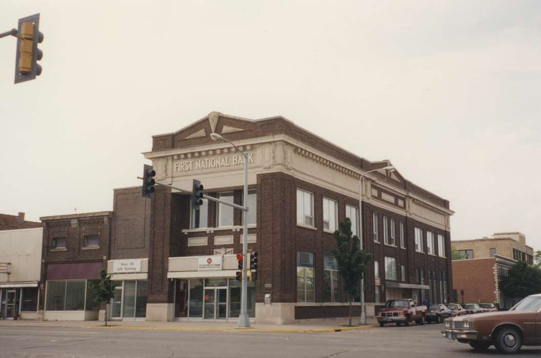 storefront, Businesses and Factories, Motorized Vehicles, history of Iowa, Waverly Public Library, mainstreet, Iowa, Iowa History, first national bank, street corner, brick building, Cities and Towns, Main Streets & Town Squares