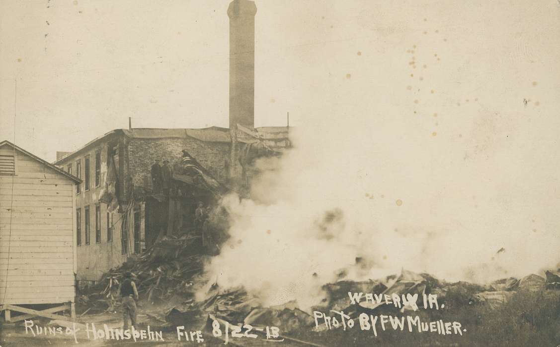 burning, e. bremer ave., Iowa History, rubble, building, Businesses and Factories, Iowa, history of Iowa, ruins, Meyer, Mary, Cities and Towns, fire