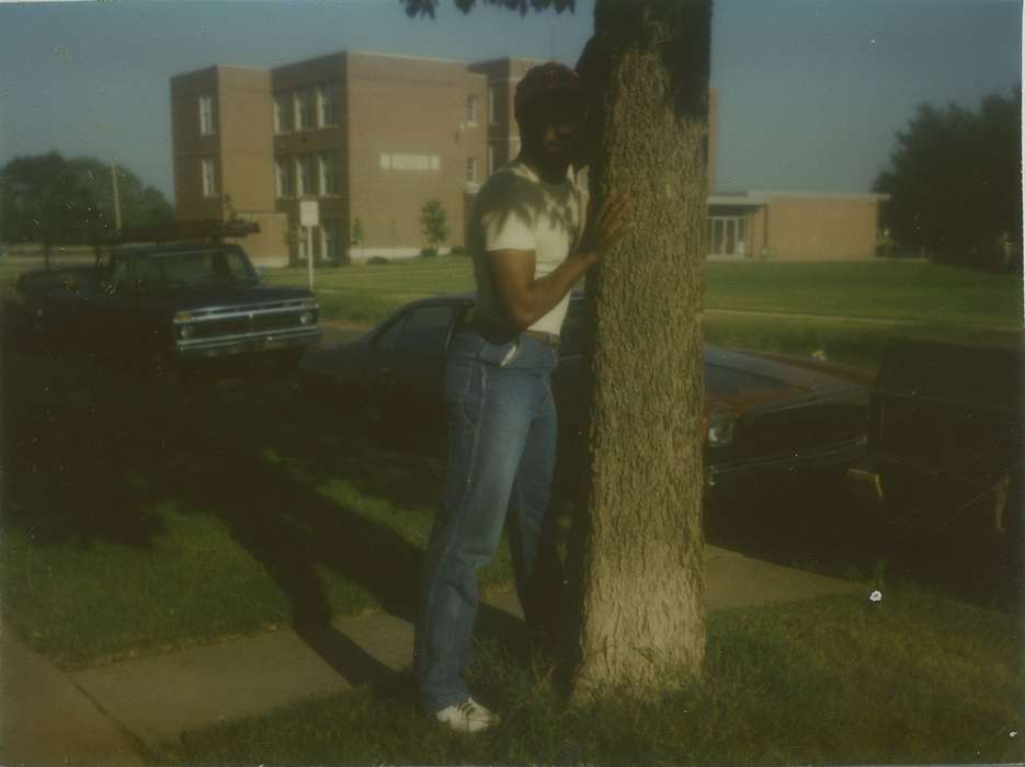 jeans, People of Color, car, Iowa History, Schools and Education, brick building, Waterloo, IA, truck, Portraits - Individual, Iowa, african american, tree, history of Iowa, Barrett, Sarah
