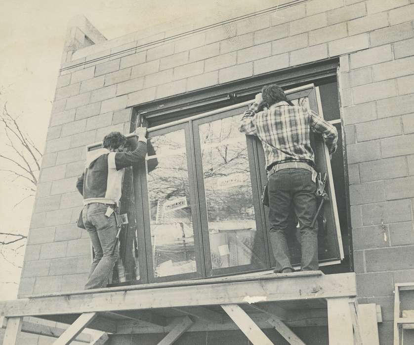 Religious Structures, construction materials, window, tool, plaid shirt, Iowa, Iowa History, Waverly, IA, construction, Labor and Occupations, Waverly Public Library, history of Iowa