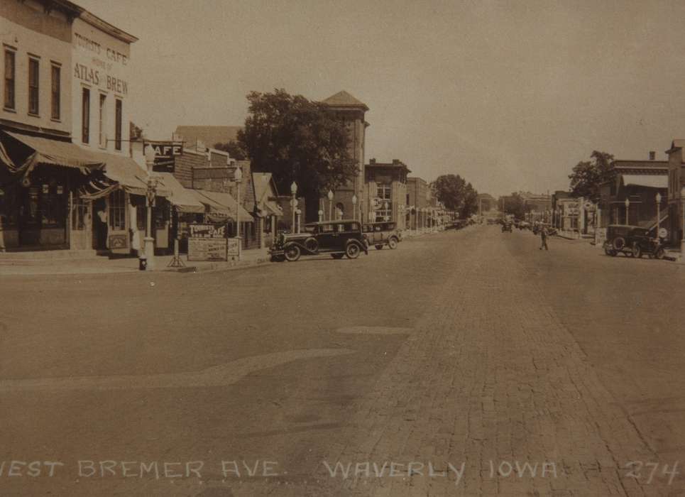 Iowa History, mainstreet, Iowa, Waverly Public Library, brick road, Main Streets & Town Squares, Cities and Towns, history of Iowa, Motorized Vehicles
