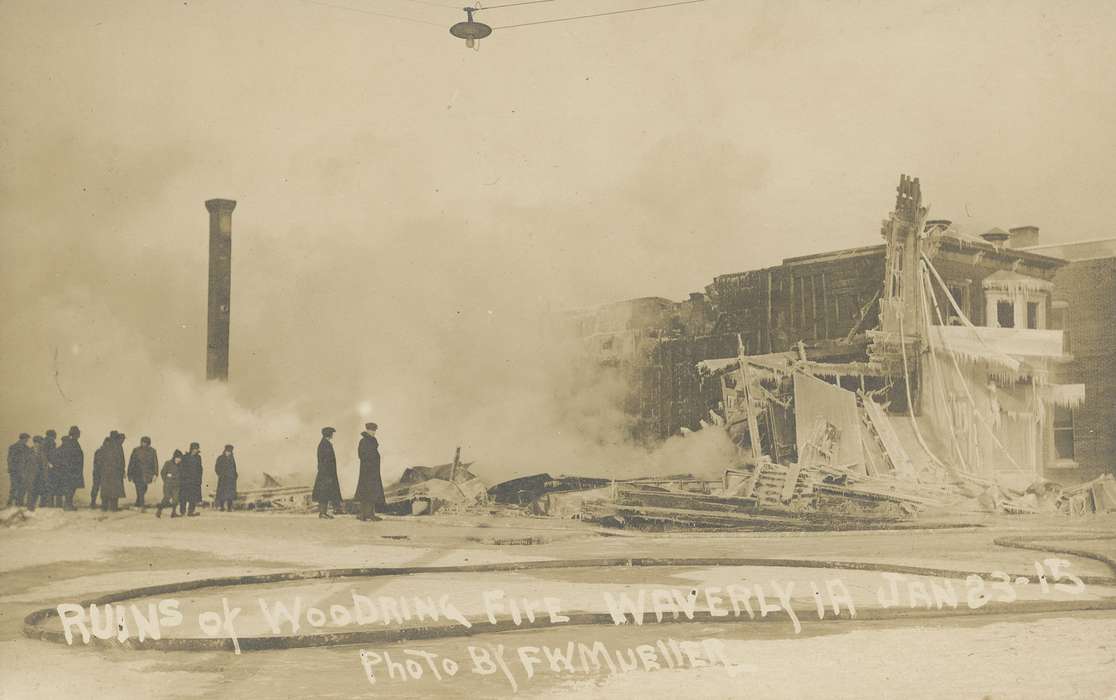 Iowa History, Meyer, Mary, burning, fire, gathering, Iowa, ruins, Businesses and Factories, history of Iowa, Cities and Towns, rubble, building