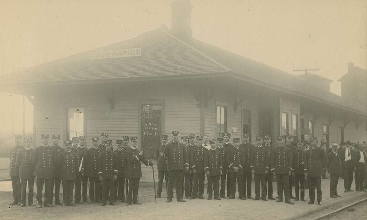 uniform, depot, hat, Train Stations, Cities and Towns, Coon Rapids Enterprise, flag, Portraits - Group, Main Streets & Town Squares, Labor and Occupations