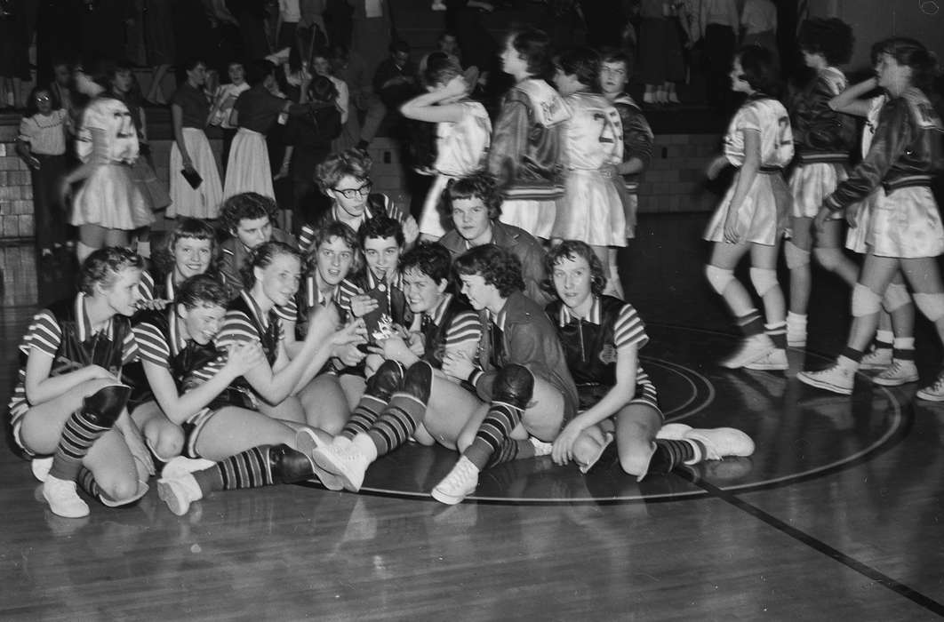 Portraits - Group, Schools and Education, stripes, history, Photos, basketball court, Children, knee pads, girl's basketball, smiles, Iowa, IA, Sports, United States, basketball uniform, ia, trophy, Coon Rapids Enterprise, historic, gymnasium, Coon Rapids