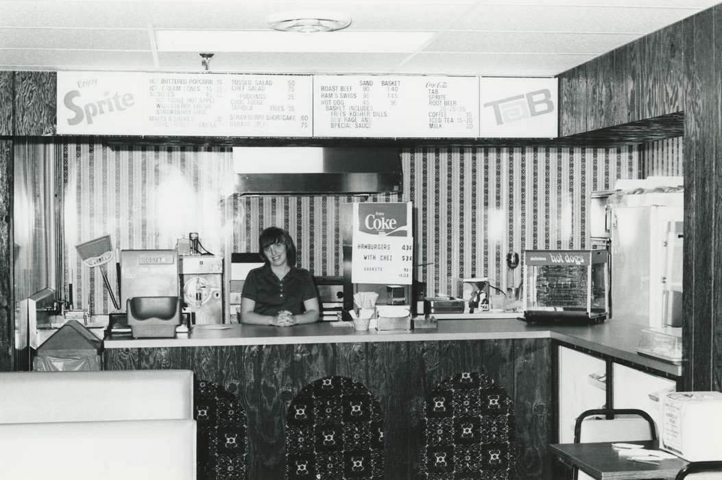 sandwich, Food and Meals, snack, Iowa, Waverly Public Library, Iowa History, soda fountain, Portraits - Individual, hot dog, burger, Waverly, IA, coke, sprite, pop machine, counter, history of Iowa, soda, popcorn, ice cream, Businesses and Factories, pop, Labor and Occupations, mall