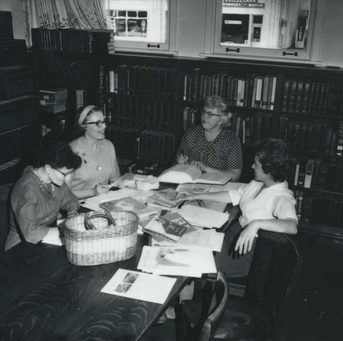 Iowa, Waverly Public Library, Portraits - Group, women, bookshelf, papers, Iowa History, history of Iowa, library