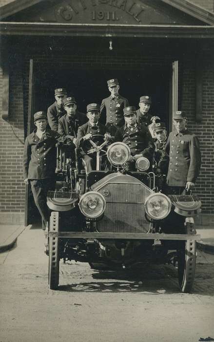 Iowa History, Labor and Occupations, Iowa, porter cap, headlights, firemen, history of Iowa, fire truck, Meyer, Mary, uniform, headlight, Motorized Vehicles, Portraits - Group, Cities and Towns