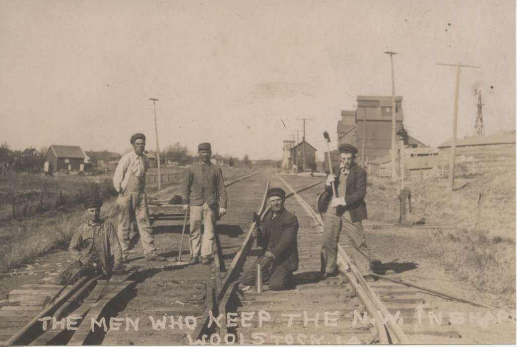 history of Iowa, train tracks, train, railroad, Iowa, Woolstock, IA, Iowa History, McCllough, Connie, Cities and Towns, Labor and Occupations, Train Stations, rail workers