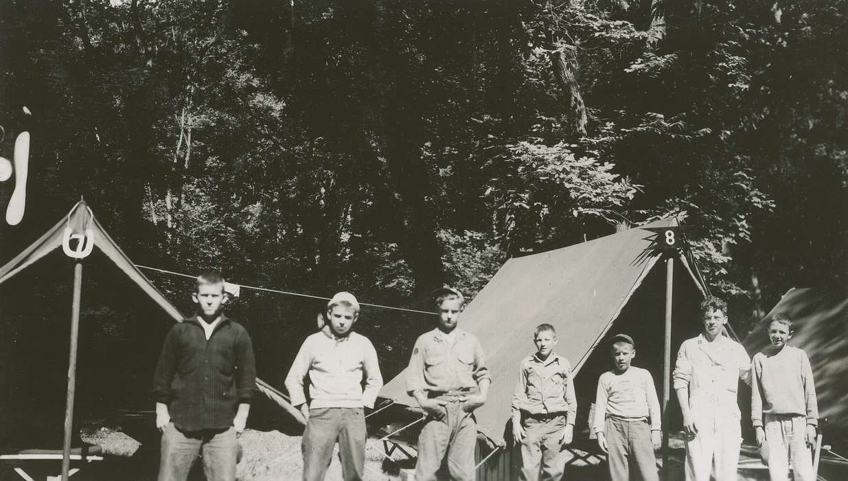 Children, Iowa History, history of Iowa, Portraits - Group, McMurray, Doug, camping, tents, Iowa, boy scouts, Lehigh, IA