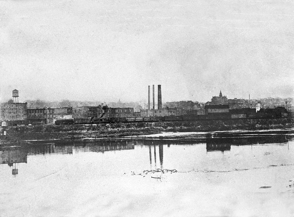 Businesses and Factories, train, Iowa History, water tower, Iowa, Lemberger, LeAnn, Ottumwa, IA, smoke stack, Lakes, Rivers, and Streams, history of Iowa, river