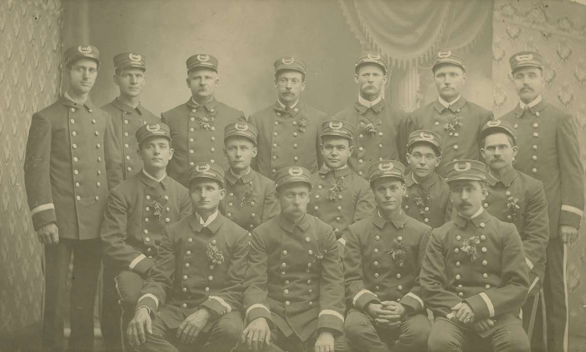mustache, button, uniform, hat, correct date needed, Cities and Towns, Coon Rapids Enterprise, Portraits - Group, Labor and Occupations, boutonniere