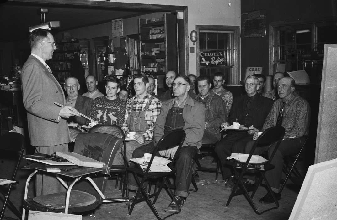 ia, men's club, man, store, sweater, Iowa, Entertainment, overalls, history, Photos, Coon Rapids Enterprise, historic, Businesses and Factories, men, speaker