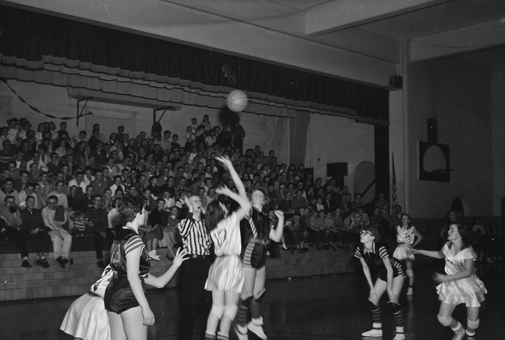 Schools and Education, stripes, history, basketball players, basketball court, Photos, Children, girl's basketball, referee, crowd, Iowa, IA, Sports, United States, basketball uniform, ia, Coon Rapids Enterprise, historic, gymnasium, Coon Rapids