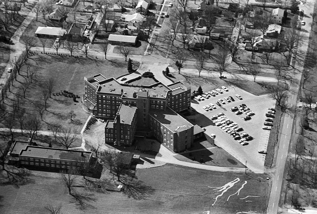 Hospitals, history of Iowa, parking lot, Lemberger, LeAnn, hospital, Aerial Shots, Iowa, Iowa History, Cities and Towns, Ottumwa, IA