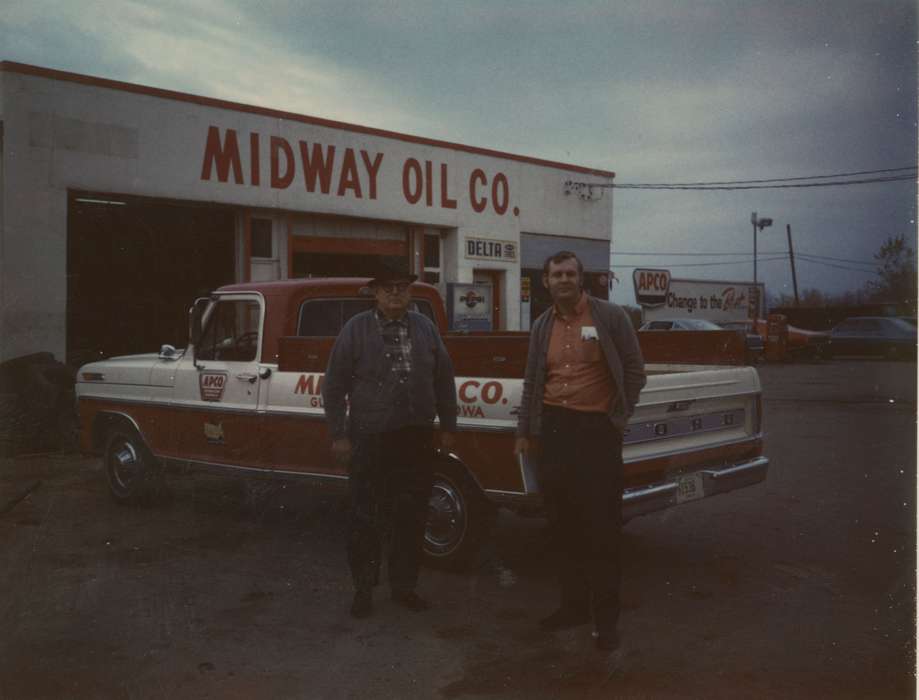 oil, mechanic, Reasoner, Mike, Motorized Vehicles, Iowa, truck, Creston, IA, pickup. f-100, Iowa History, Portraits - Group, Labor and Occupations, Businesses and Factories, ford, history of Iowa