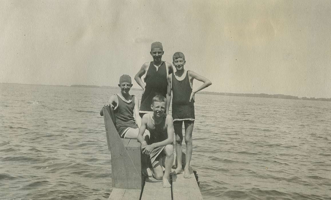 dock, boy scouts, Children, Outdoor Recreation, Clear Lake, IA, swimming, lake, Lakes, Rivers, and Streams, Iowa, McMurray, Doug, Iowa History, bathing suit, swim, swimsuit, history of Iowa