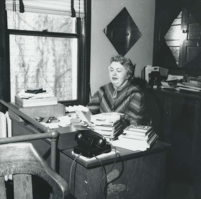 desk, window, office, Waverly Public Library, Portraits - Individual, phone, Iowa History, Iowa, woman, history of Iowa