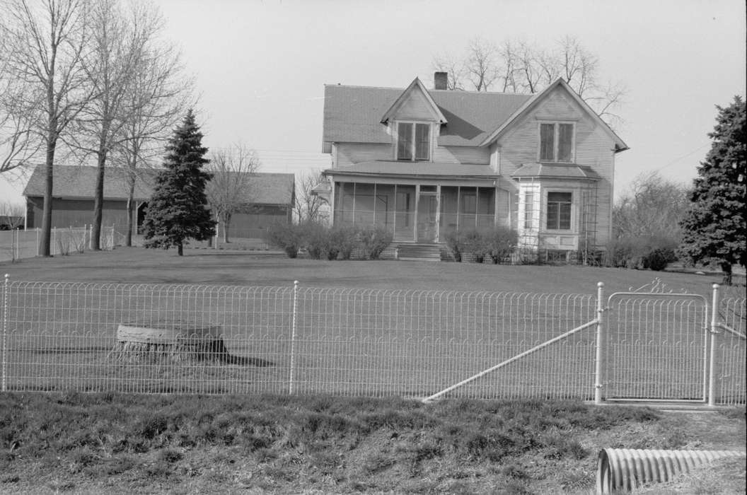 Iowa History, pine trees, Barns, farmhouse, Farms, history of Iowa, Landscapes, yard fence, front yard, front porch, bushes, trees, Iowa, Library of Congress, culvert