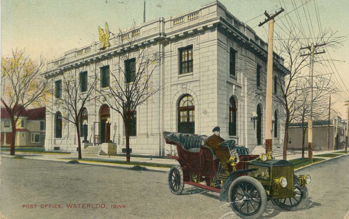 ia, IA, automobile, postcard, history, historic, Waterloo, Olsson, Ann and Jons, post office, Iowa, Black Hawk, United States, Businesses and Factories, Photos
