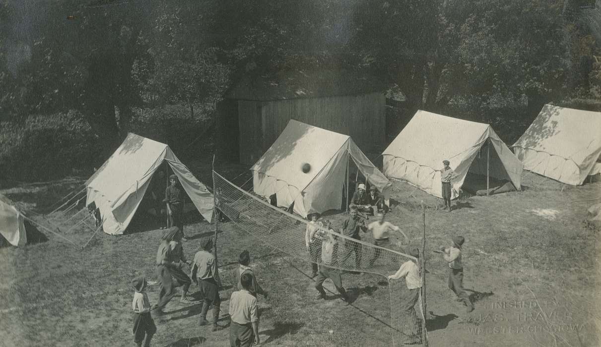 tent, volleyball, boy scouts, Outdoor Recreation, Iowa, Children, Sports, camping, McMurray, Doug, Iowa History, Hamilton County, IA, history of Iowa