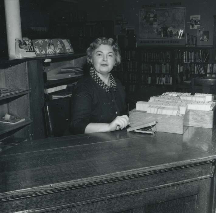 Waverly Public Library, librarian, desk, Labor and Occupations, Portraits - Individual, Iowa, Iowa History, history of Iowa, woman, books