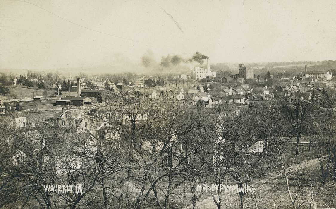 smokestack, Iowa History, chimney, trees, Iowa, houses, history of Iowa, smoke, Meyer, Mary, cityscape, house, Cities and Towns, Aerial Shots