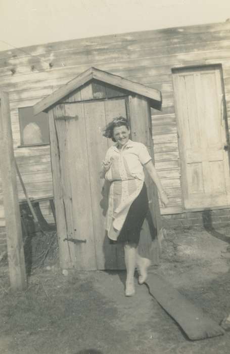door, ia, Black Hawk, Iowa, brick, United States, smile, O'Brink, Lisa, historic, history, Photos, Waterloo, IA, outhouse, apron, Portraits - Individual, skirt