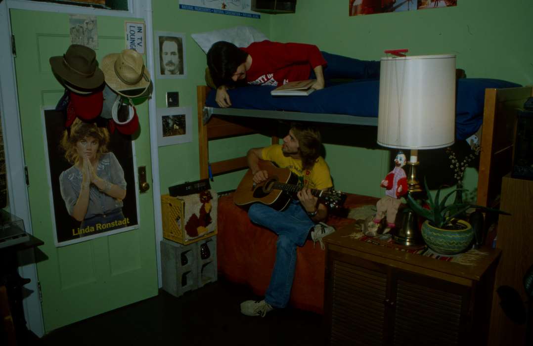 guitar, Schools and Education, university of northern iowa, UNI Special Collections & University Archives, dorm room, uni, hat, bunk bed, lamp, Cedar Falls, IA, Iowa History, poster, Iowa, Leisure, history of Iowa, clown