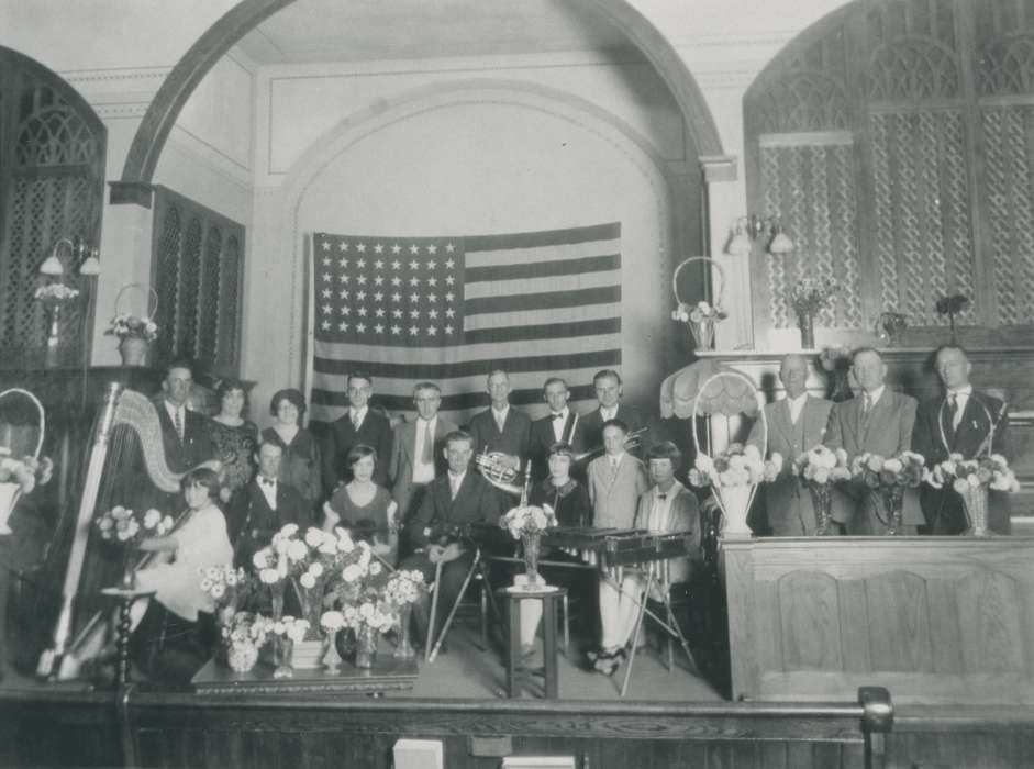Religious Structures, french horn, Waverly, IA, Iowa, Waverly Public Library, flowers, american flag, Portraits - Group, harp, violin, church, trumpet, xylophone, Iowa History, history of Iowa
