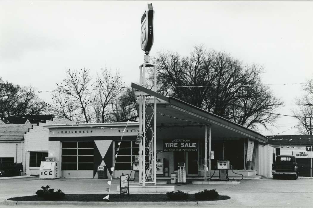 history of Iowa, gas pump, car, main street, Businesses and Factories, tire, Waverly Public Library, service station, Iowa History, Waverly, IA, Iowa, Motorized Vehicles, Main Streets & Town Squares, gas station