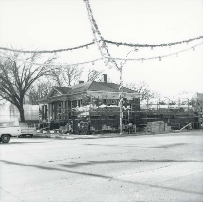 history of Iowa, snow, christmas lights, Waverly Public Library, lights, Iowa, library, Iowa History, Cities and Towns, winter, construction