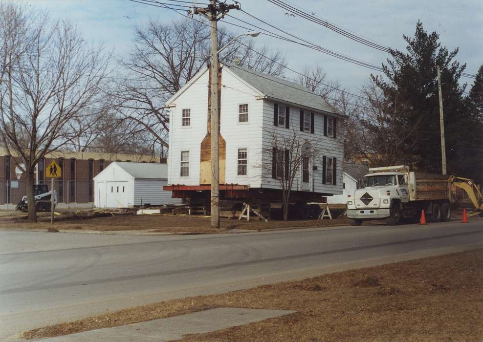 electrical pole, Homes, history of Iowa, Waverly Public Library, Iowa History, Motorized Vehicles, garage, dump truck, Iowa