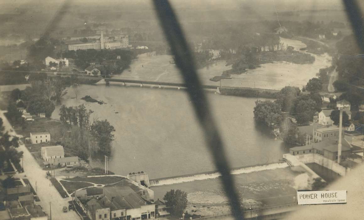 island, ia, correct date needed, Cities and Towns, Iowa, historic, Bremer, Photos, smokestack, history, buildings, Lakes, Rivers, and Streams, Aerial Shots, bridges, Businesses and Factories, Meyer, Mary, Waverly, smoke stack, islands, bridge, United States, building, IA, dam