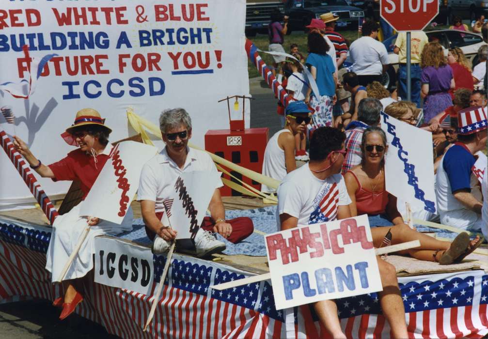 fourth of july, Johnson County Historical Society, schoolhouse, Fairs and Festivals, Holidays, Schools and Education, parade float, iowa city community school district, signs