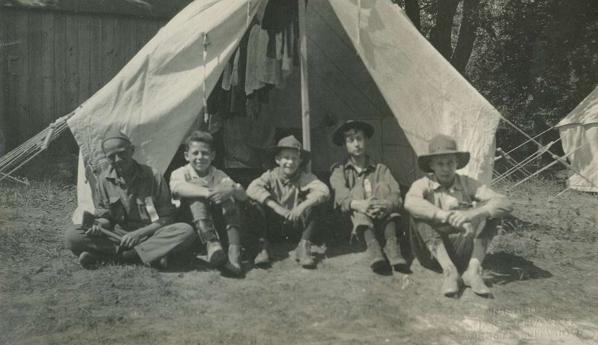 Children, boy scouts, McMurray, Doug, Iowa History, tent, Outdoor Recreation, Portraits - Group, Hamilton County, IA, Iowa, camping, history of Iowa
