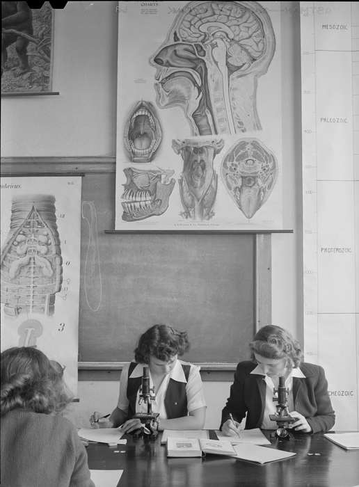 Library of Congress, Iowa History, classroom, microscope, anatomy class, students, history of Iowa, studying, poster, Iowa