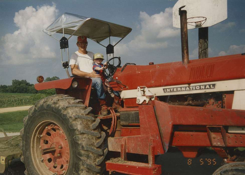 Farming Equipment, Farms, Children, tractor, Long Grove, IA, Iowa History, Portraits - Group, Families, international harvester, basketball hoop, Pacha, Pam, Iowa, history of Iowa, Motorized Vehicles