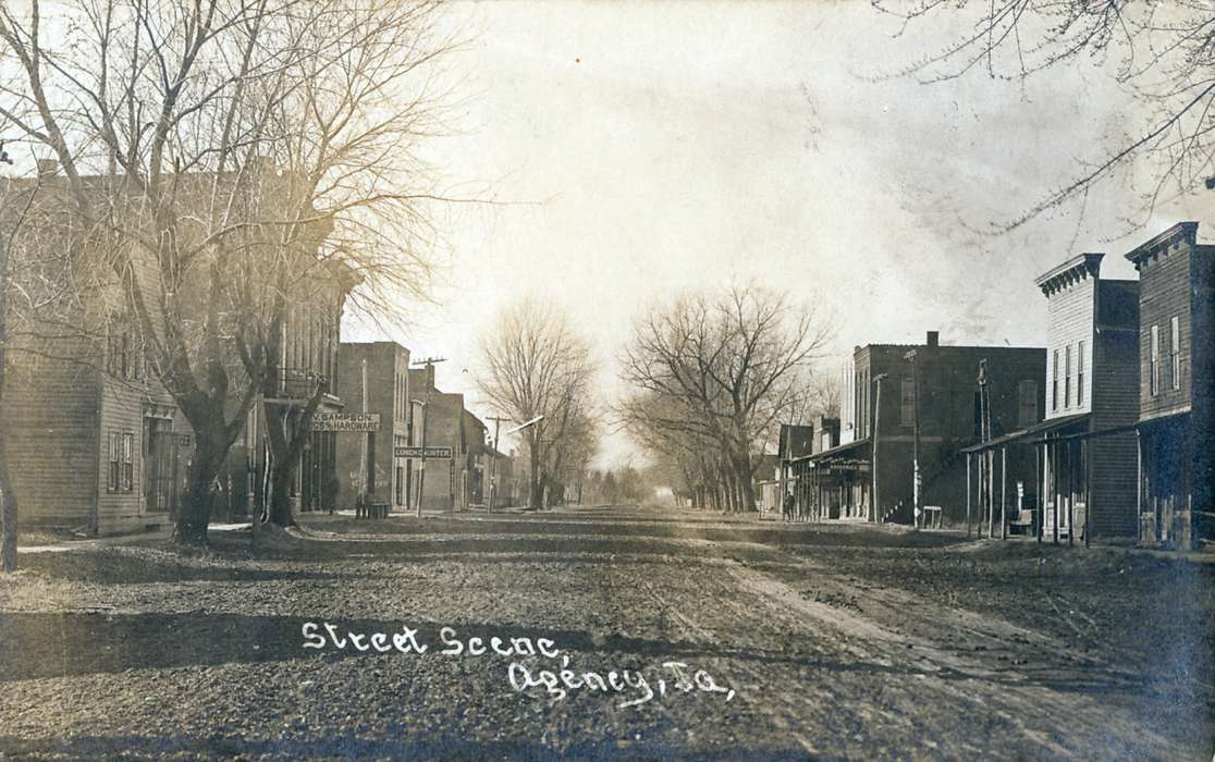 Main Streets & Town Squares, Lemberger, LeAnn, Agency, IA, storefront, dirt road, sign, Cities and Towns, Iowa, Iowa History, history of Iowa