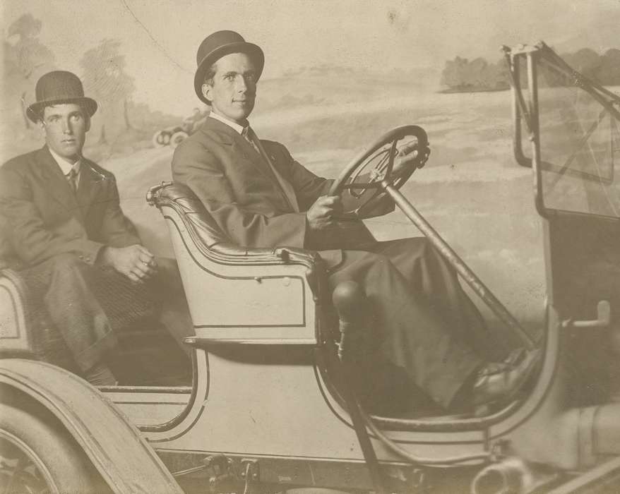 Portraits - Group, Black Hawk, steering wheel, Iowa, history, O'Brink, Lisa, Waterloo, men, ia, studio, Motorized Vehicles, historic, United States, bowler hat, prop, Photos, IA, suit