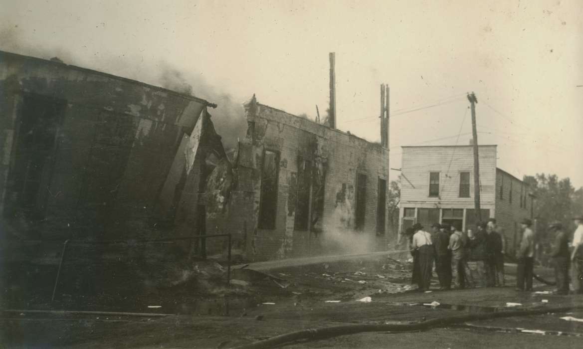 disaster, Main Streets & Town Squares, burning building, burning, Labor and Occupations, Mortenson, Jill, Cities and Towns, Iowa, Iowa Falls, IA, Iowa History, firefighter, fire, history of Iowa, demolition