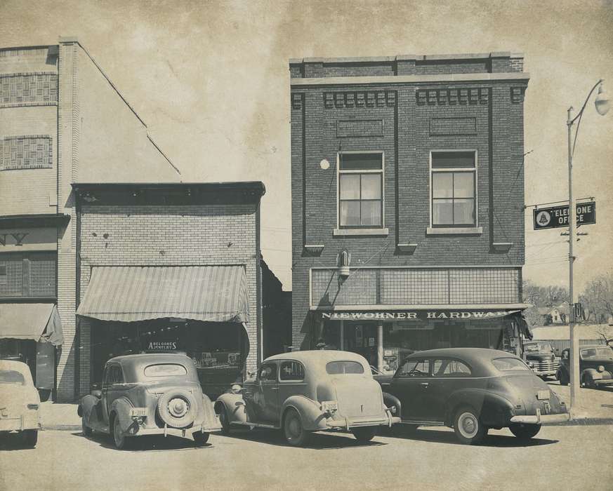 Waverly, IA, Iowa, Waverly Public Library, back of car, car, Main Streets & Town Squares, Motorized Vehicles, correct date needed, Iowa History, history of Iowa, lamppost, awning, brick building, Businesses and Factories