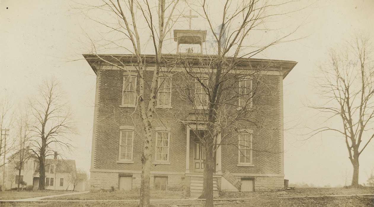 Religion, Schools and Education, school, trees, Iowa, brick, windows, steps, Cities and Towns, building, catholic, Iowa History, history of Iowa, Meyer, Mary, bell tower, cross