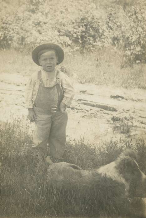 collie, Portraits - Individual, hat, Iowa, Iowa History, history of Iowa, dog, Animals, boy, border collie, Children, Spilman, Jessie Cudworth, overalls, IA