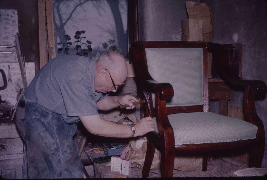 glasses, box, watch, elderly, correct date needed, old man, Western Home Communities, Iowa History, chair, Iowa, history of Iowa, repair, Labor and Occupations