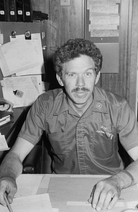 office, men at work, Coon Rapids, Photos, Coon Rapids Enterprise, history, ia, IA, Businesses and Factories, Portraits - Individual, Iowa, john deere, Labor and Occupations, historic, wood paneling, correct date needed, United States