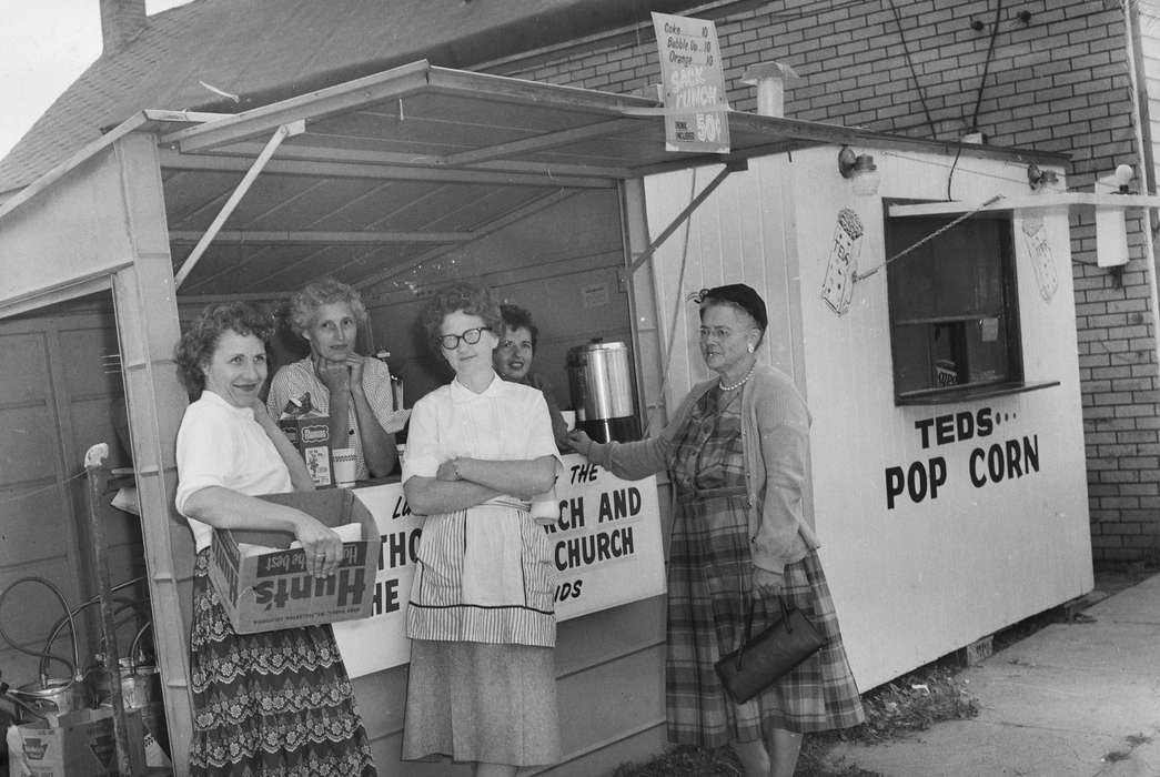 Portraits - Group, Religious Structures, Food and Meals, United States, history, ia, Photos, Religion, coke, women, popcorn stand, Coon Rapids Enterprise, historic, food stand, Iowa, IA, Coon Rapids