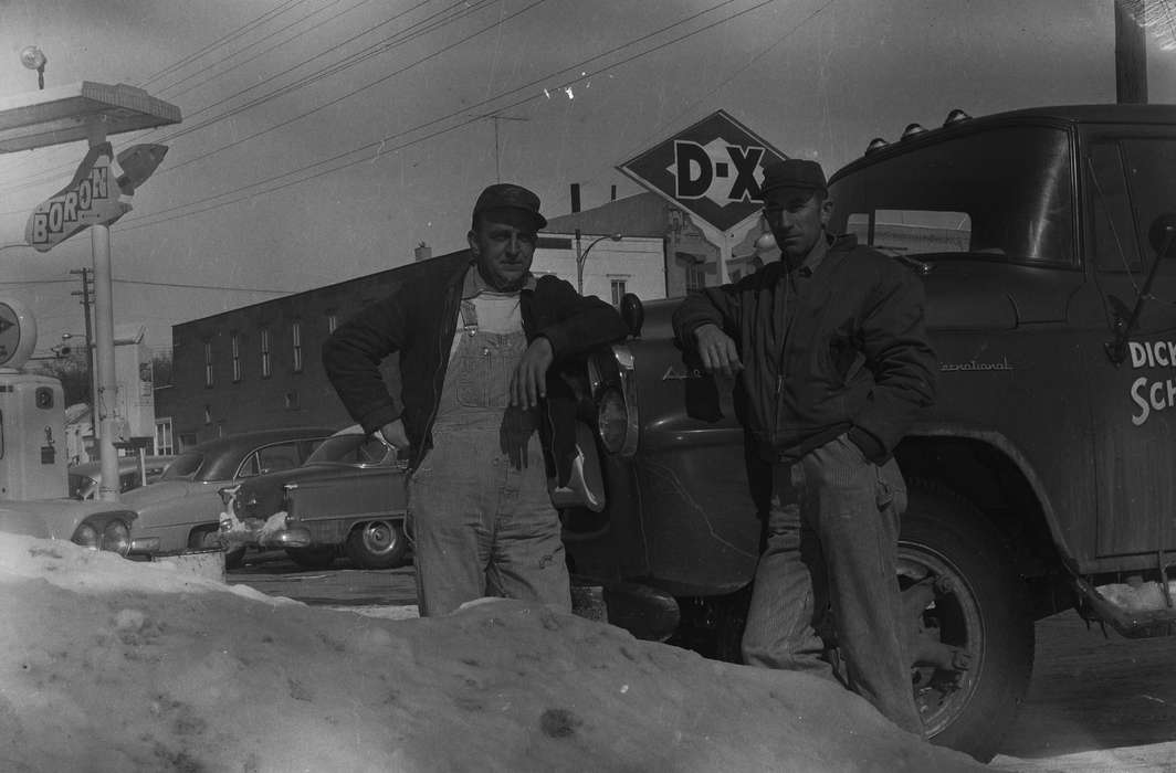 history, Photos, Labor and Occupations, Iowa, IA, sign, Cities and Towns, gas station, Motorized Vehicles, two men, overalls, fuel pump, United States, ia, Coon Rapids Enterprise, historic, work truck, cars, Coon Rapids