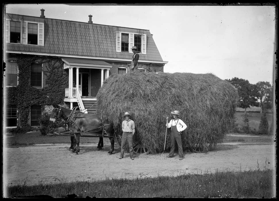 hay, house, pitchfork, Iowa History, Iowa, men, Archives & Special Collections, University of Connecticut Library, history of Iowa, Storrs, CT, horse